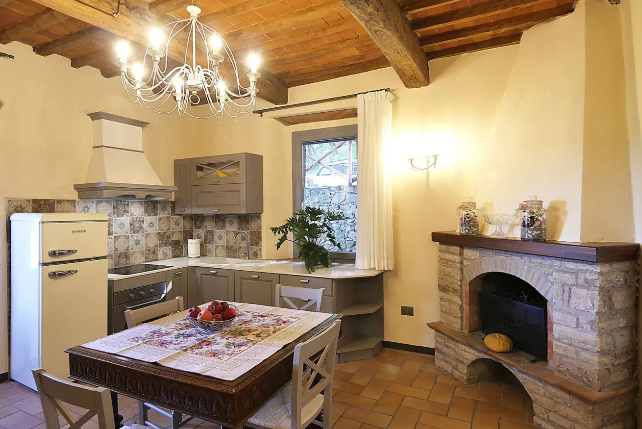 Cucina rustica con tavolo da pranzo, camino in pietra e frigorifero retrò