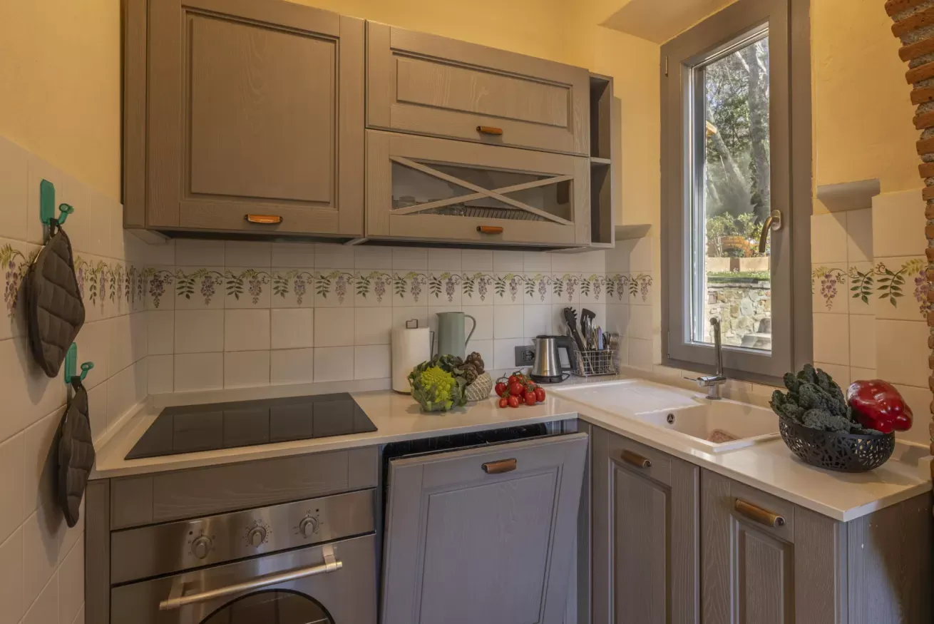 Cucina con mobili grigi, lavello, piano cottura e verdure sul piano di lavoro