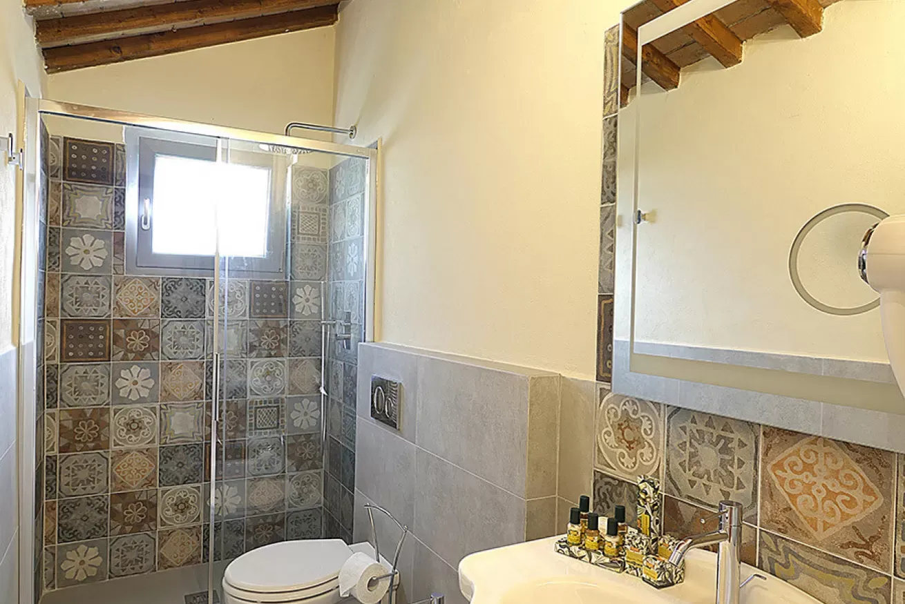 Bagno con doccia in vetro, piastrelle decorate e lavabo con specchio