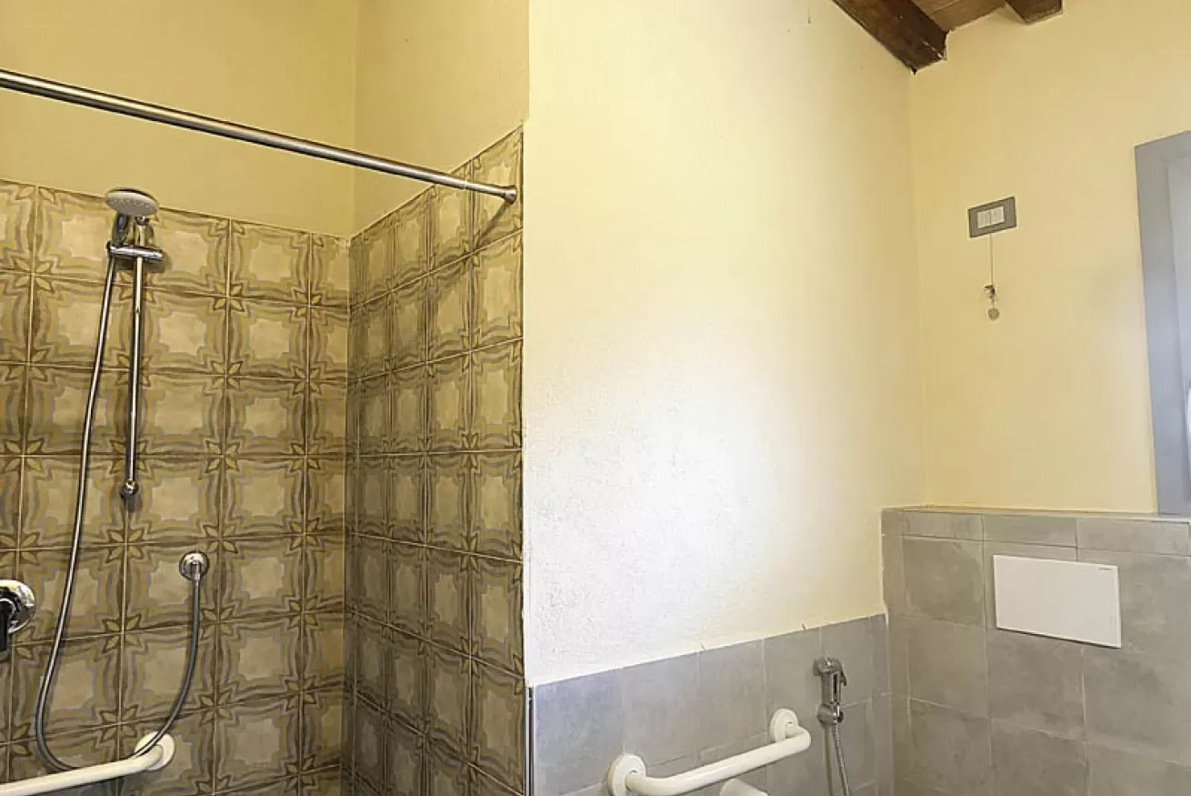 Bagno con doccia piastrellata e maniglioni di supporto vicino al WC