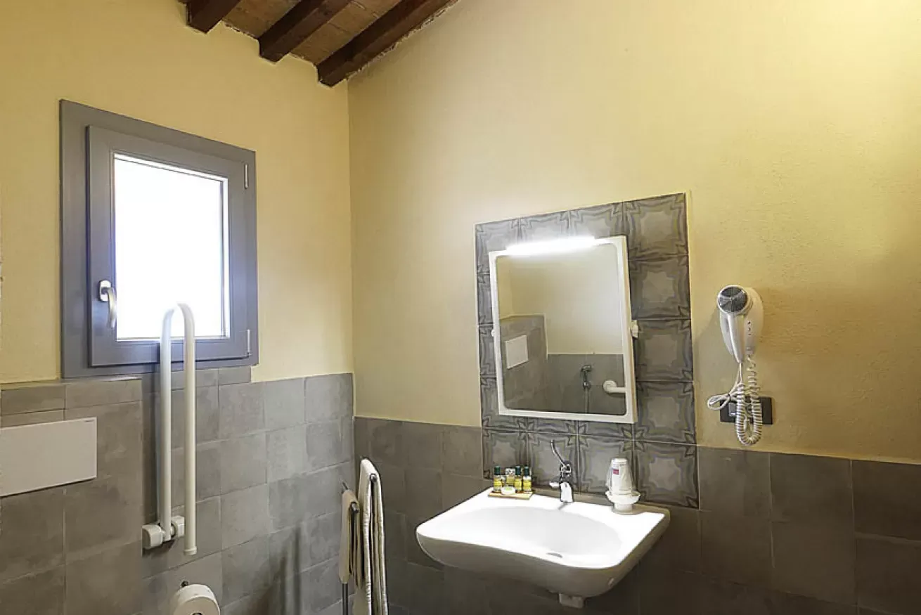 Bagno accessibile con lavabo, specchio, finestra e asciugacapelli a parete