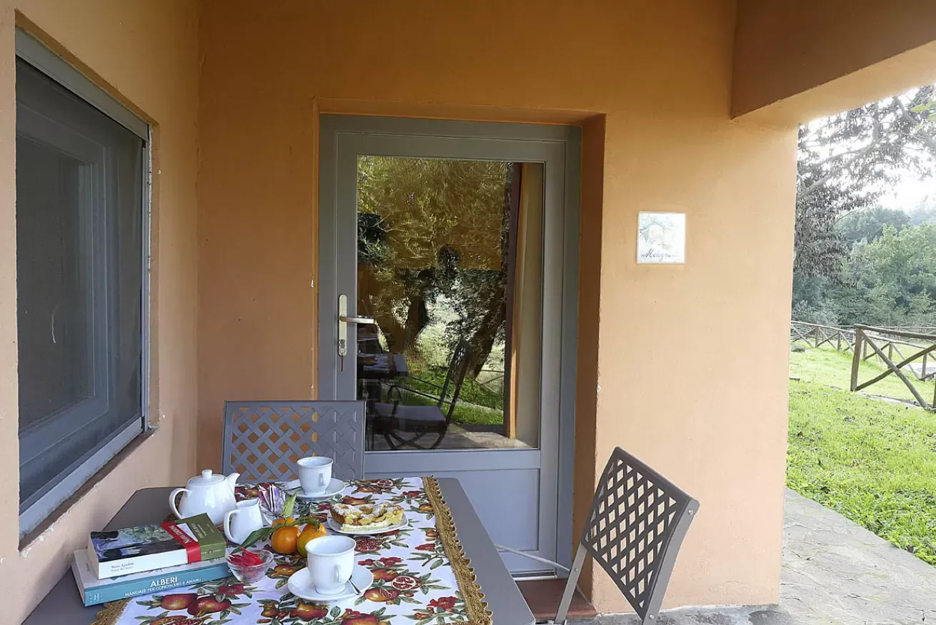 Tavolo apparecchiato con tè, dolci e libri su un portico affacciato sul giardino