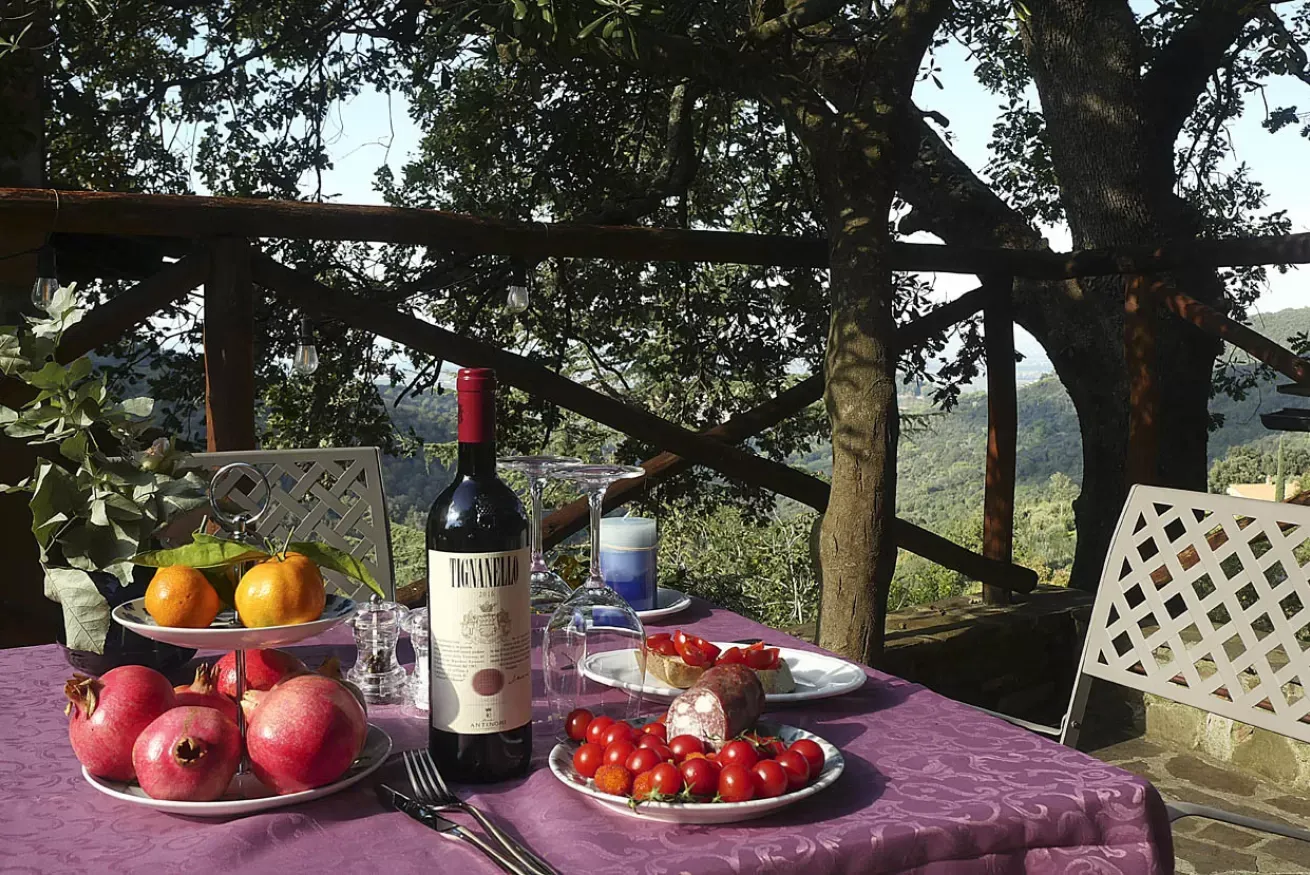 Tavola all’aperto con frutta, vino e pomodori, con vista su una valle boscosa