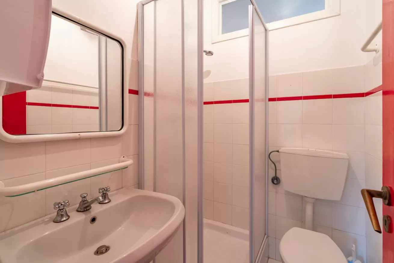 Small bathroom with sink, shower, toilet, and mirror