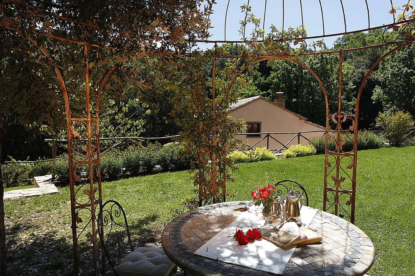 Tavolo da giardino sotto un pergolato, con fiori e servizio da tè, in un prato soleggiato