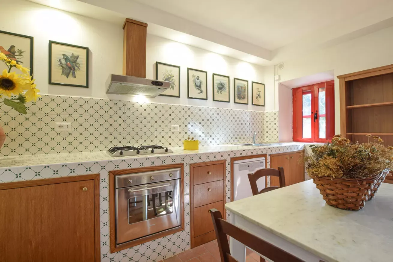 Bright kitchen with patterned tile backsplash, wooden cabinets, and a red-framed window