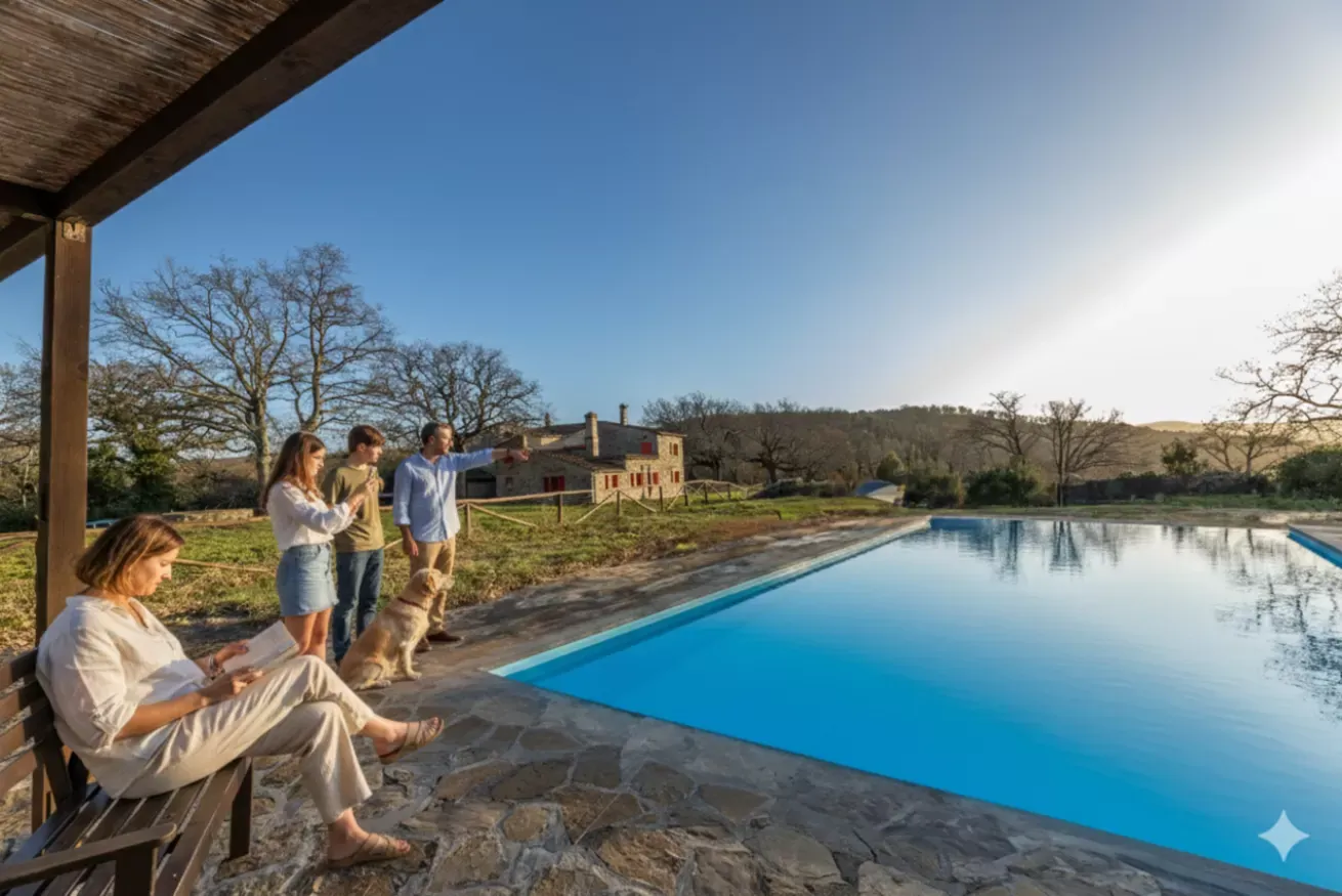 People relaxing by a pool at a countryside house, with one person pointing into the distance and a dog nearby