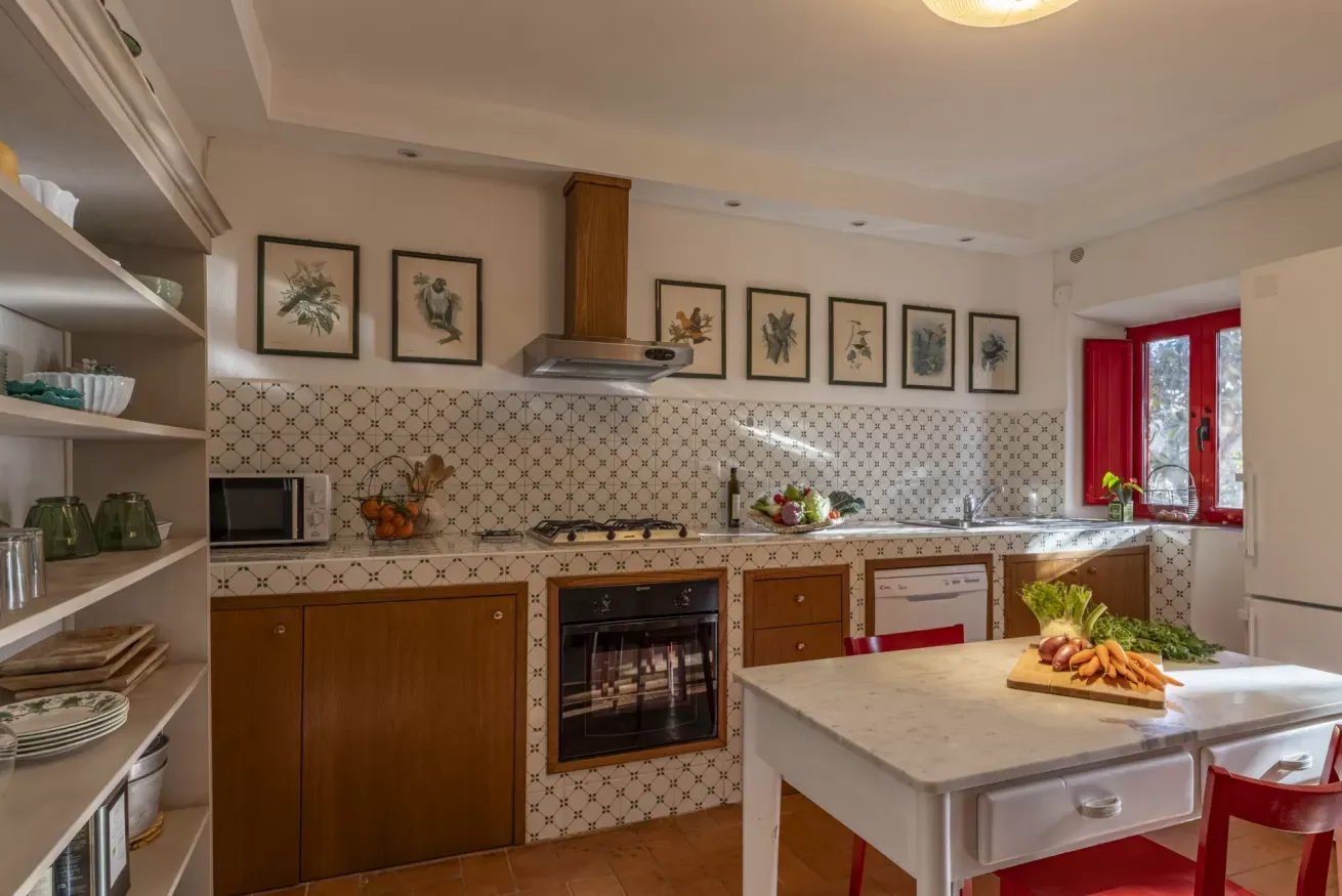 Bright kitchen with patterned tile backsplash, wood cabinets, red window trim, and a central island with vegetables
